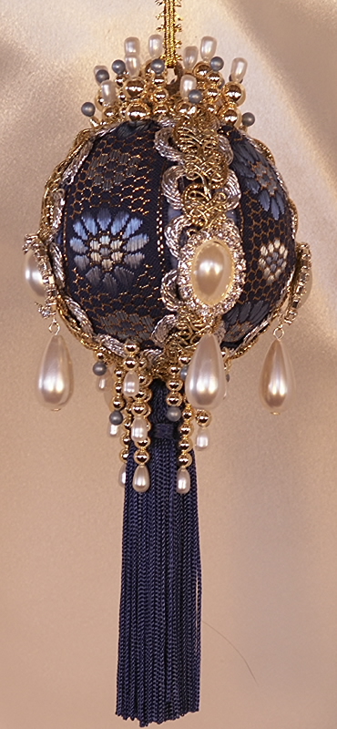 Victorian Christmas Tree Ornament in royal Blue and gold with rhinestones and pearl teardrops